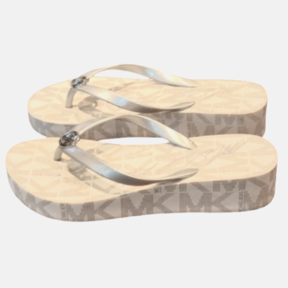 Michael Kors MK Sandals Silver Flip Flops Slides Shoes Footwear Women's 7